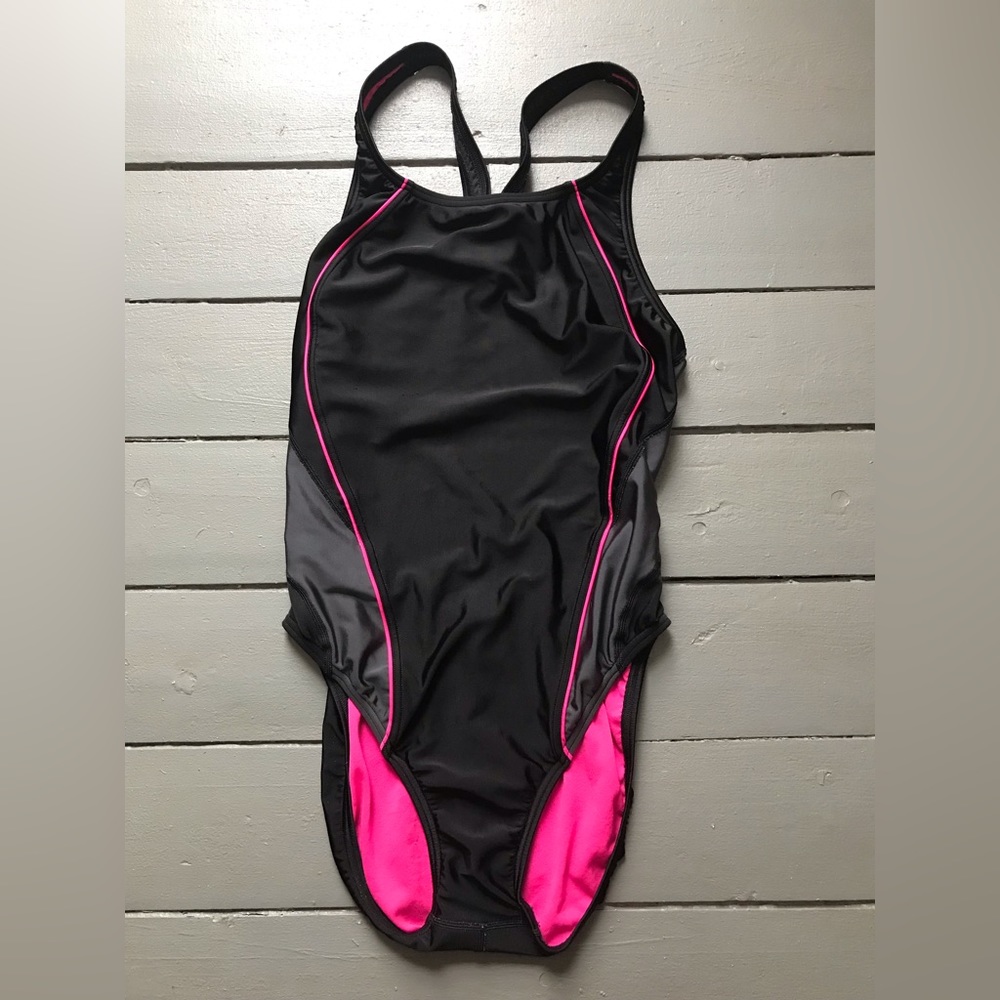Women’s Speedo Pro Back One Piece Racing Suit Size 10 Black Grey Pink